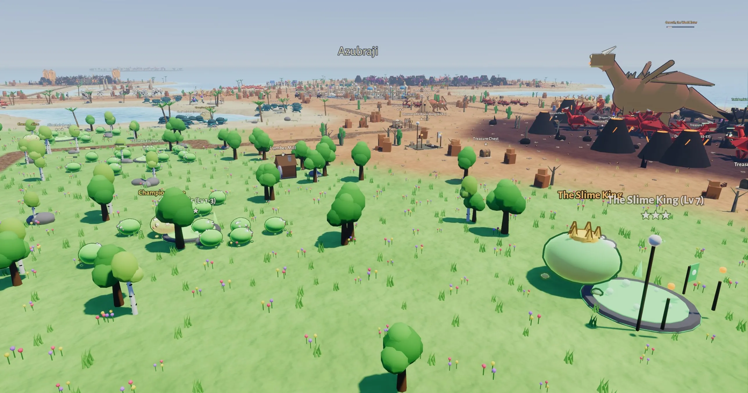 Meadows giving way to the Azubraji desert and volcanic badlands, where a giant dragon world boss stands among dragon dens.