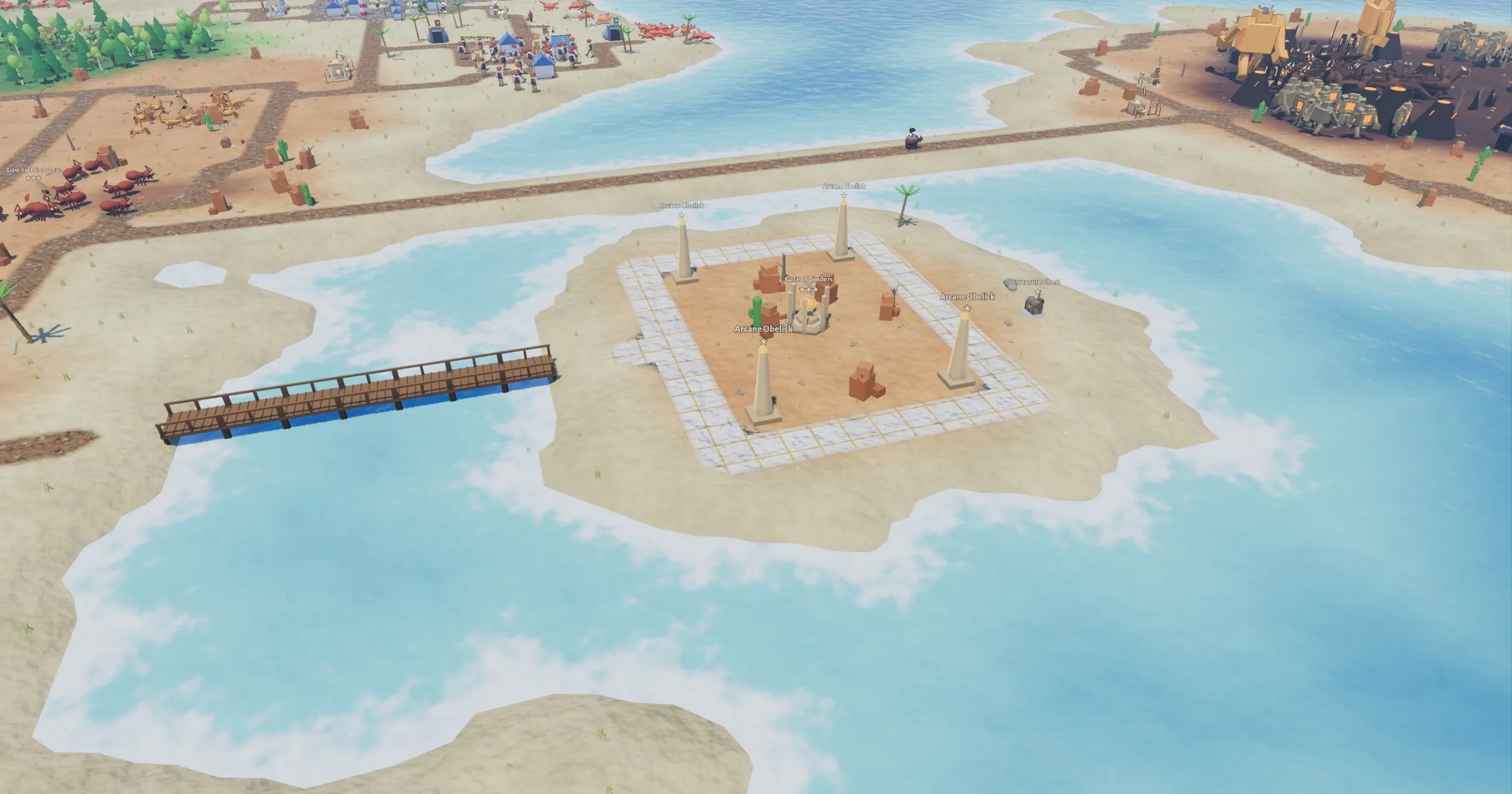 A small sandy island linked by a wooden bridge, with a tiled courtyard, four obelisks and a gate in the middle, surrounded by turquoise water.