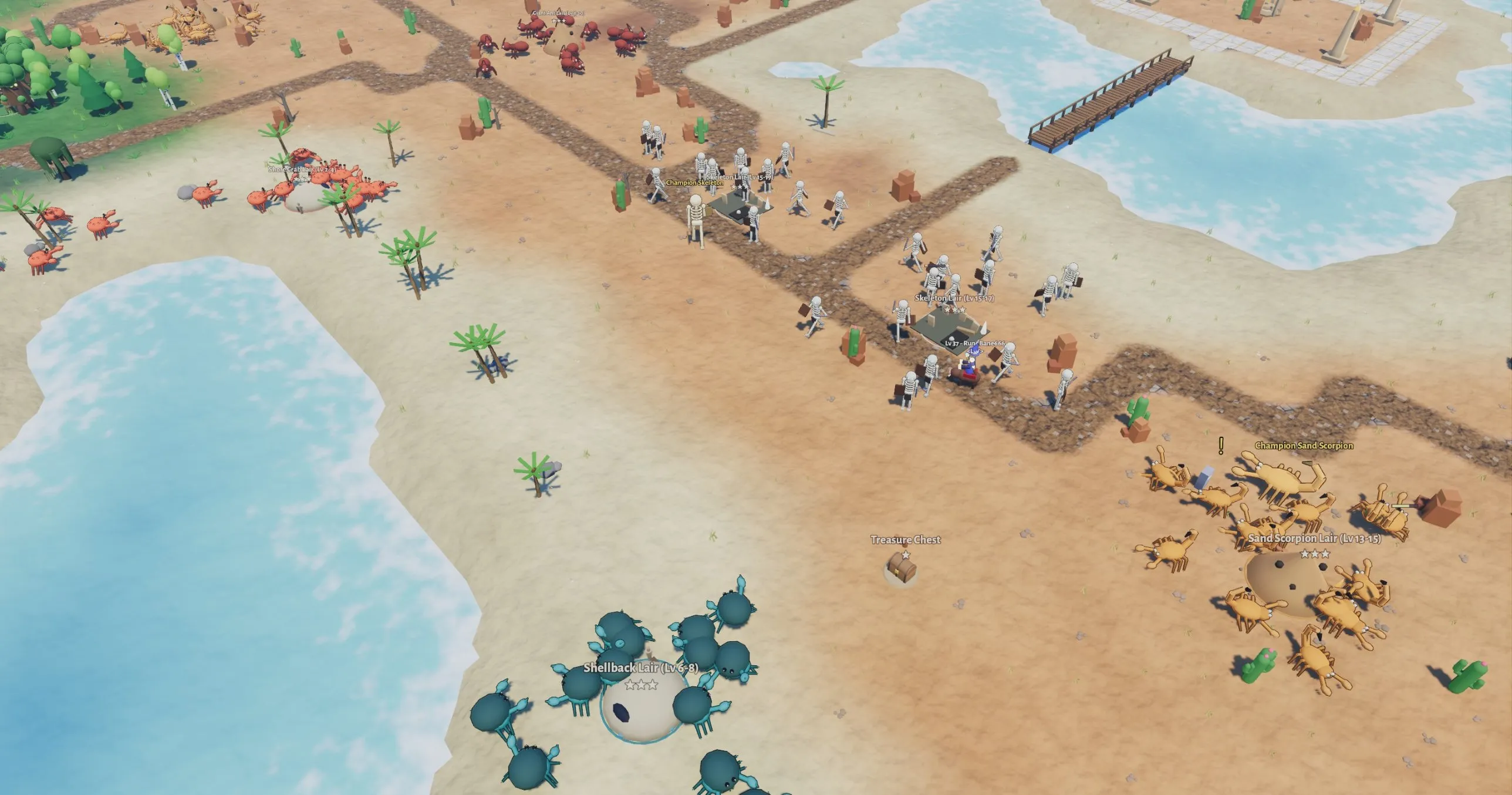 Desert monster dens seen from above: skeleton lairs on a road, a sand scorpion lair, a shellback lair by the water and a treasure chest.