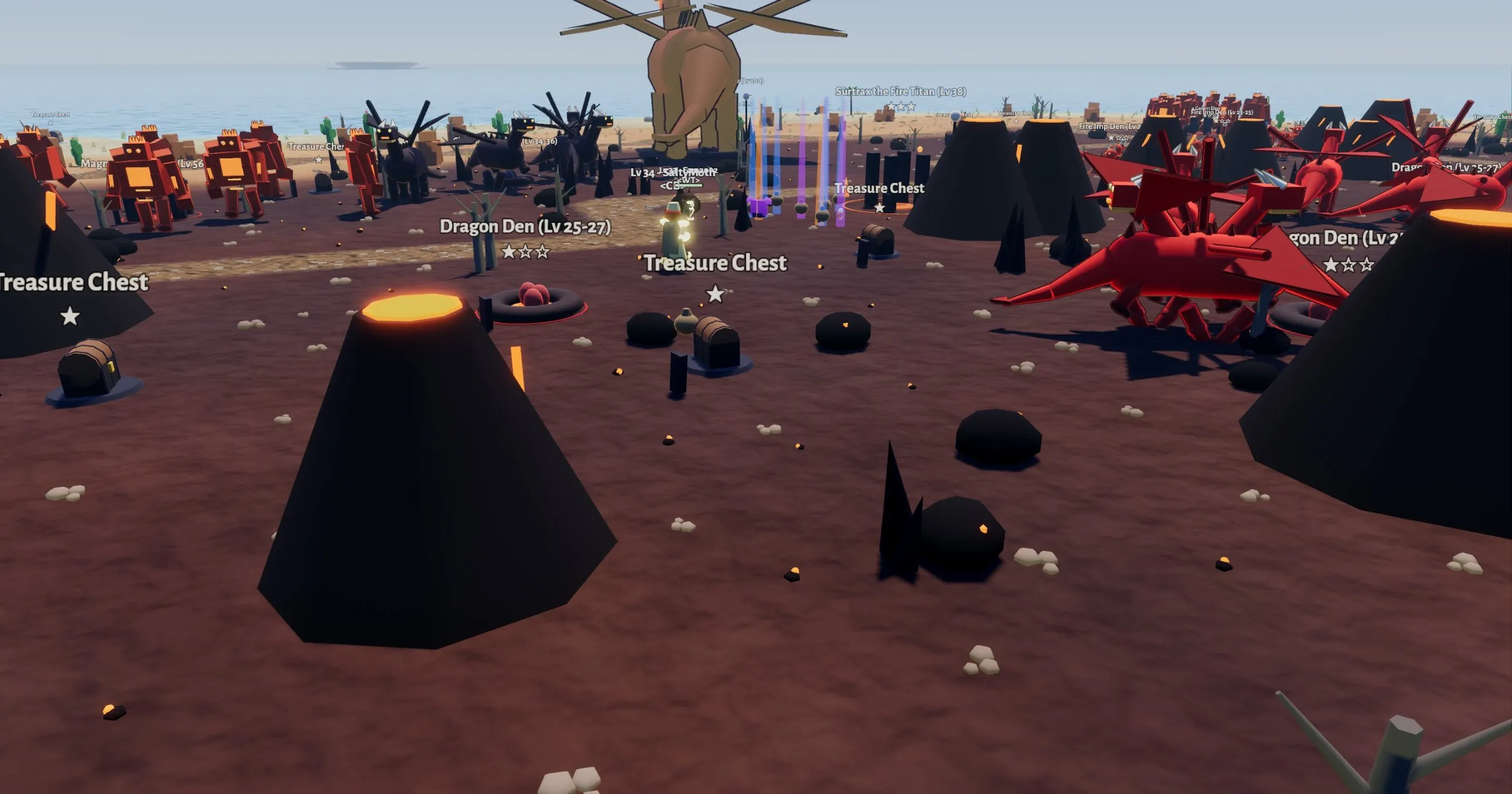 Black volcanoes with glowing lava, red dragons, fire golems, treasure chests and a hero standing in a dark volcanic field.